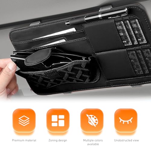 Car Sun Visor Organizer, Leather Strap-on Multi-Pocket Visor Storage Pouch for Sunglasses Card License Pen, Universal Car Interior Organizer Accessories (Black)