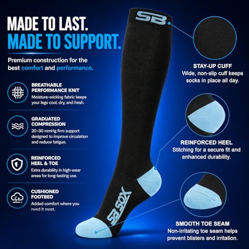 SB SOX Compression Socks for Men & Women (20-30mmHg) - color: Black/Blue, size: Medium