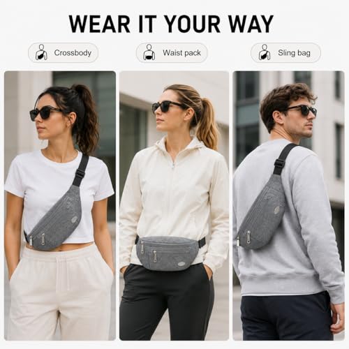Entchin Water-Resistant Fanny Pack, 4-Zipper Belt Bag - color: Grey