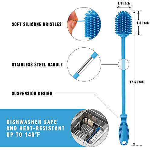 Silicone Bottle Brush with Long Handle, 12.5" Bottle Cleaning Brush, Blue - color: Blue