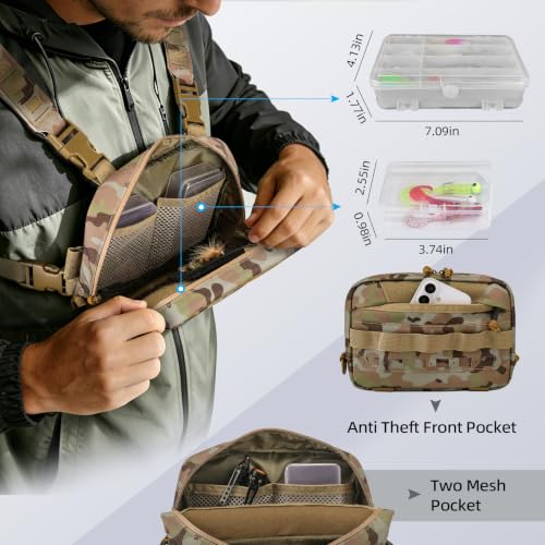 Outdoor Chest Bag for Men, Water-Resistant Fishing Chest Pack, Tactical Vest for Running, Cycling, Hiking - color: Khaki Camo
