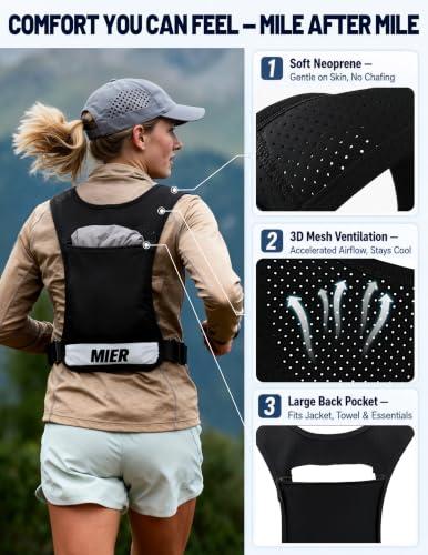MIER Running Hydration Vest for Women Men, 500ml Soft Flask & Phone Holder - color: Black, size: Medium-Large