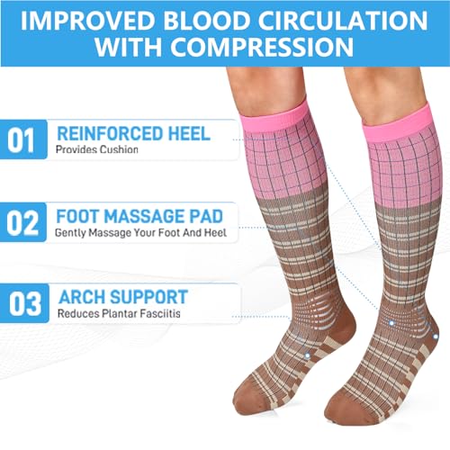 IRAMY Compression Socks Women Ankle Support Gradient Compression Wicking Moisture Knee High Socks 3 Packs - color: Pink+black+brown-3 Packs, size: Medium