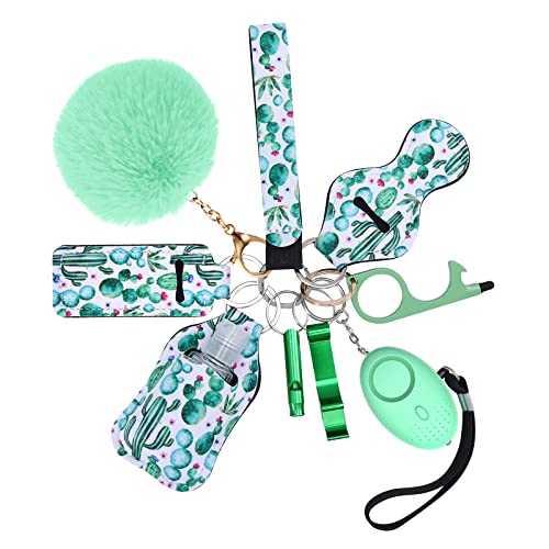 AMIR Safety Keychain Set for Women and Kids, 10 Pcs Safety Keychain Accessories with Sound Personal Alarm, Whistle and Pom - color: Green