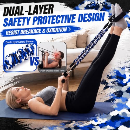 Arrowbash 4 Tube Foot Pedal Resistance Band 100lbs Adjustable Stirrup Puller Exercise Bands with Handles Ankle Cuffs Camouflage Blue Multifunction Home Gym Equipment for Men Women Full Body Workout