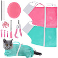 JULMELON 10 PCS Cat Washing Bag for Bath Shower Adjustable Net Grooming Set - color: Pink+Green