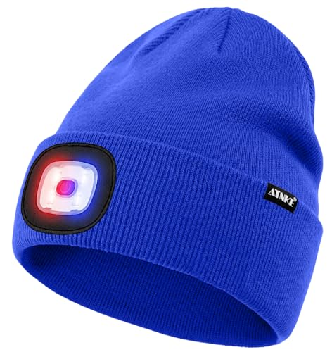ATNKE LED Lighted Beanie Hat,USB Rechargeable 4 LED Red and Blue Flashing Running Headlamp Cap Gifts for Men and Women - color: #Blue