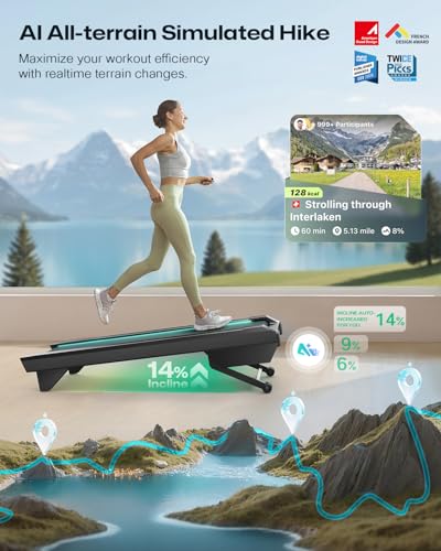 UREVO CyberPad Smart Walking Pad with 14% Auto Incline, Brushless Motorized Under Desk Treadmill for Home Office Fitness, Elegant Speed Lights, Spacious Surface, Digital Controller, AI-Powered App - color: Black