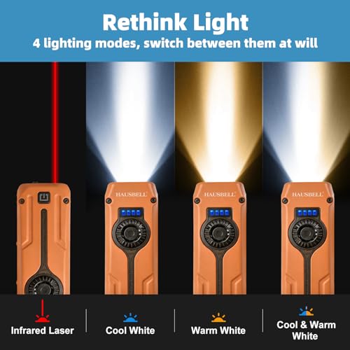 HAUSBELL Flat EDC Flashlight 1800LM Turbo, 0.6" Ultra-Slim Pocket Light with Stepless Dimming Dial, Magnetic Base, 365nm UV & Red Laser, Side-COB Flood, USB-C Fast Charge, IP44 Weatherproof - color: Orange