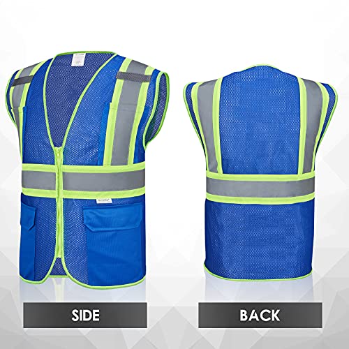 High Visibility Reflective Safety Vest with Zipper and Pockets Blue,L - color: Blue, size: Large