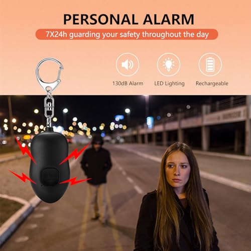 Rechargeable Personal Alarm, 130dB SOS Safety Alarm,LED Light, Security Siren Keychain for Women and Elderly,Security Siren Keychain ,Self Defense Alarm (Black) - color: Black