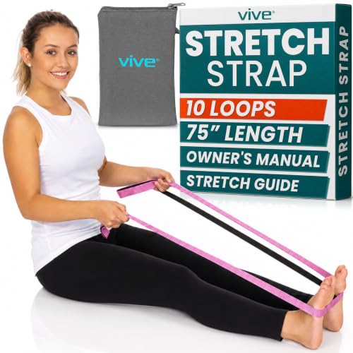 Vive Stretch Strap (75" - 10 Loops) - Leg Stretch Band to Improve Flexibility - Stretching Out Yoga Strap - Exercise and Physical Therapy Belt for Rehab, Pilates and Gymnastics with Guide Book - color: Pink