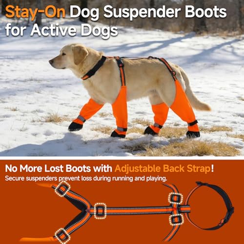 All-Weather Dog Boots with Suspenders – Waterproof Shoes Pants - color: Orange, size: 2X-Large