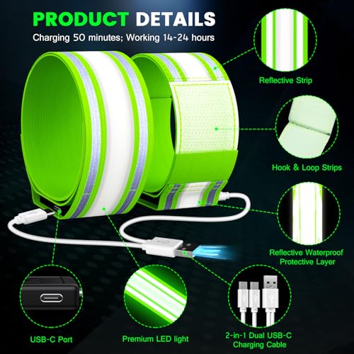 Fokia Kunbio Light Up LED Armband for Running Walking at Night,Reflective Arm Bands for Runners,Rechargeable Jogging Lights,High Visibility Night Running Safety Gear Adjustable Running Women Men Kids - color: Green