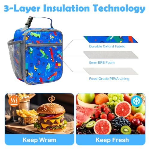 FlowFly Kids Lunch box Insulated Soft Bag Mini Cooler Back to School Thermal Meal Tote Kit for Girls, Boys, Car - color: Car