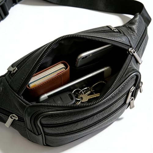 Genuine Cowhide Leather Fanny Pack, Separate Storage 7 Pockets Waist Pack - color: black