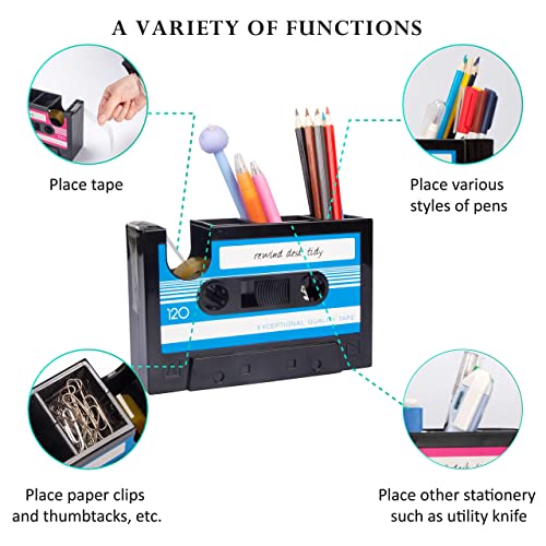Aobopar Cute Pink Tape Dispenser Desk Organizer, Retro Cassette 80'S Pen Holder