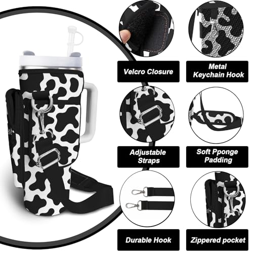 Water Bottle Carrier Bag for Stanley Cup 40/30oz, Neoprene Water Bottle Holder Pouch with 3 Pocket Adjustable Shoulder & Hand Strap - color: Cute Cow Print
