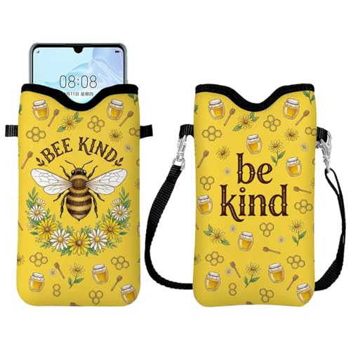 GLOBLELAND Bee Cell Phone Sleeve Pouch Case Bag 7.1×3.9 inch Honey Shockproof Universal Phone Bag with Crossbody Strap Neck Lanyard for Women Men Phone Headphones Watch Yellow - color: Bee