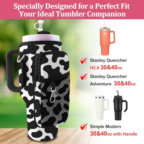 Stanley Carrier Bag for Stanley 40oz/30ozTumbler with Phone with 2 Adjustable Strap,3 Pockets Bottle Stanley Cup Carrier Bag & Case,Accessories for Hiking Travelling - color: Cow Print