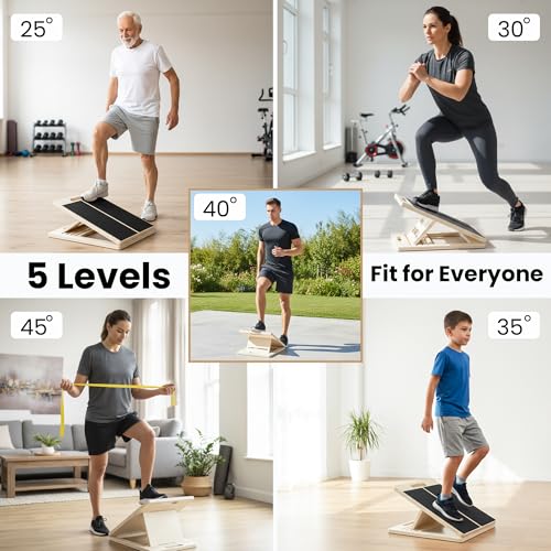 Calf Stretch Board - Incline Board, Slant Boards for Exercise, Squats Calf Stretcher, 300lbs Wooden Incline Wedge, Stretcher for Squats with Loop Band & 2 Sand Papers, Calf-Stretch Boards for Knees