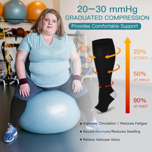3/4 Pairs Wide Calf Compression Socks for Women Men 20-30 mmHg Knee High - color: Black, size: 4X-Large