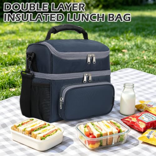 FlowFly Double Layer Cooler Insulated Lunch Bag Adult Lunch Box Large Tote Bag for Men, Women, With Adjustable Strap,Front Pocket and Dual Large Mesh Side Pockets - color: Cyan