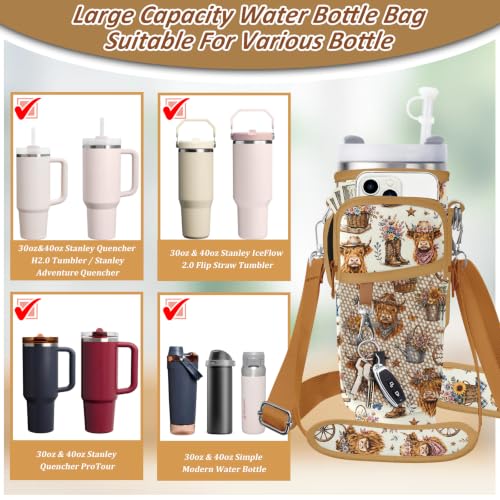 Water Bottle Carrier Bag for Stanley 40/30oz Cup Tumbler with Phone Pocket,Insulated Crossbody Water Bottle Holder with Adjustable Strap,Water Bottle Sling Pouch for Hiking Walking Camping Accessories - color: Cowboy Highland Cow Sunflower
