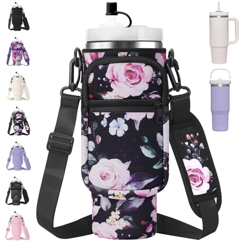 AceTreker Water Bottle Carrier Bag with Strap for Stanley 40/30 oz Tumbler Neoprene Insulated Cup Holder Sleeve with Phone Pocket & Straw Cover for Stanley Cup Accessories - color: 02-Black Flower, style: 40 Oz