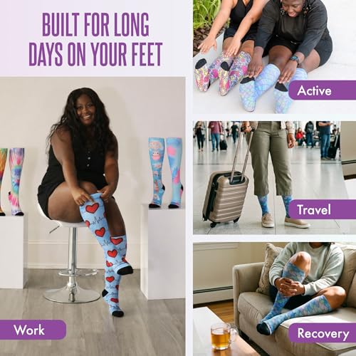 Crazy Compression Over-the-Calf Socks with Fun Designs - color: Heart Station Blue (Wide), size: Small-Medium