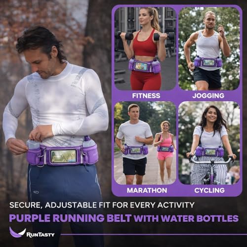 No.1 Hydration Belt by Runtasty - Premium Running Fuel Belt w/2 BPA-Free 10 oz Water Bottles, Tilt-Up Pocket w/Touchscreen-Ready Cover - Fits All iPhones, Runners Ebook & No-Bounce Design - color: Elite Purple