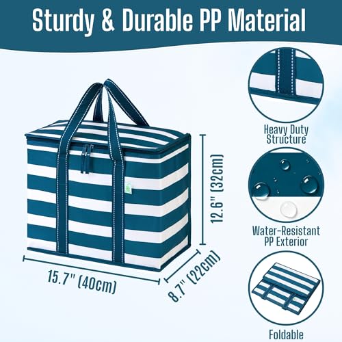VENO 2 Pack Insulated Grocery Bags, Hard Bottom, Classic Navy Stripe - color: Classic Navy Stripe, size: 15.7"W x 12.6"H x 8.7"D - 2 Pack