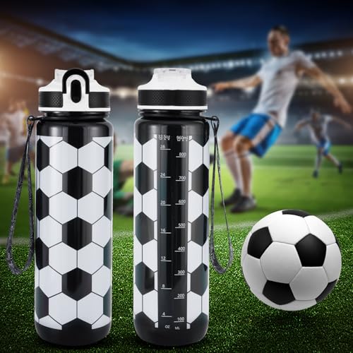 EYQ 32oz Water Bottle with Straw, Sports Bottle with Time Marker - color: soccer