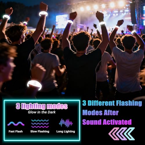 12 Pcs LED Glow Bracelets Sound Activated Flashing Light Up Bracelet for New Years Eve Glow in the Dark Party Supplies Christmas Party Favors Birthday Gift Carnival Concerts Night Events - color: White