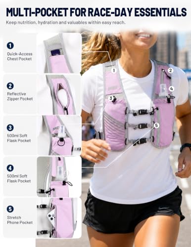 MIER Running Hydration Vest for Women Men, 500ml Soft Flask & Phone Holder - color: Purple, size: XSmall/Small