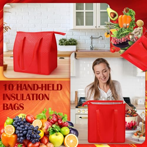 10 Pack Large 18L Insulated Grocery Bag Bulk Zippered, Red - color: Red