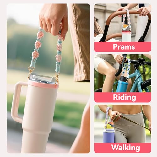 Water Bottle Handle Strap Compatible with Owala & Stanley Cups - color: Flower Pink