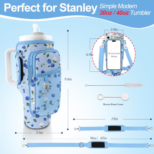 Water Bottle Carrier Bag for Stanley Cup 40oz/30oz with Phone Pocket, Neoprene Water Bottle Holder with Adjustable Shoulder & Handle Strap, Stanley Cup Accessories for Walking Travel Gym - color: Blueberries