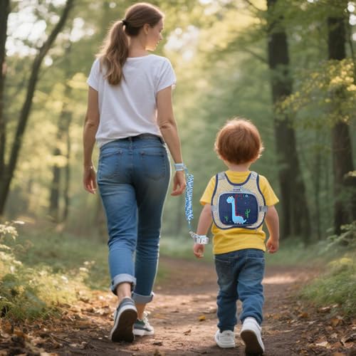 Accmor Toddler Harness Leash, Cute Dinosaur Kids Leashes + Reflective Anti Lost Wrist Link, Collapsible Baby Walking Harness Belt, Breathable Child Hand Strap Tether for Boys Traveling in Hot Weather - color: Navy Blue/Breathable Brachiosaurus