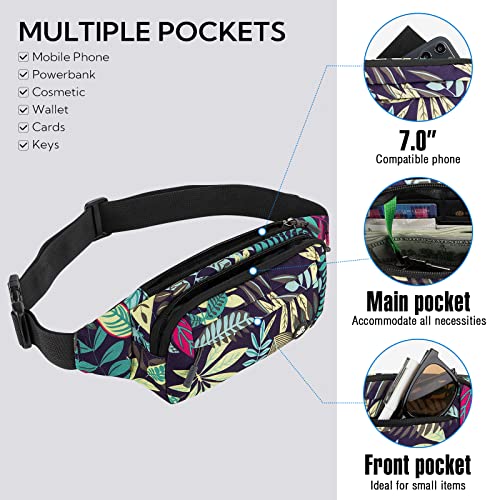 WATERFLY Fanny Pack Waist Bag: Small Hip Pouch Bum Bag Fannie Pack Phanny Fannypack Waistpack Bumbag Beltbag Sport Slim Fashionable for Jogging Hiking Hiker Woman Man - color: Blue Leaves