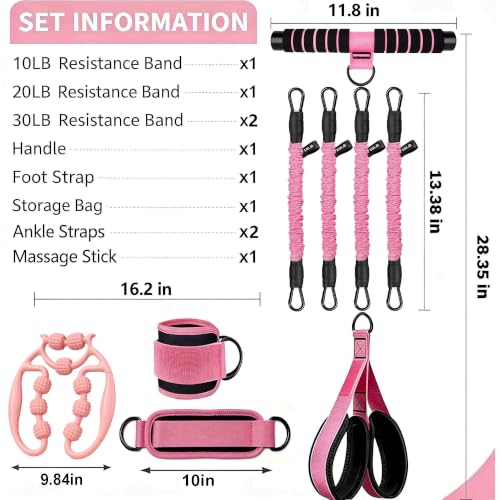 Pink Pedal Resistance Band with Handle, 4 Tubes & Ankle Cuffs - color: Light Pink