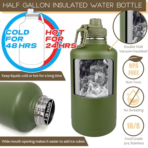 DEFUNX Half Gallon Water Bottle with Sleeve - 64 Oz Insulated Water Jug with Handle - Green Stainless Steel Sports Water Bottle for Gym Workout Hiking Tactical Bottle Holder with Pouch Camo - color: Green Bottle with CP Camo Sleeve, style: 64 Oz Water Bot