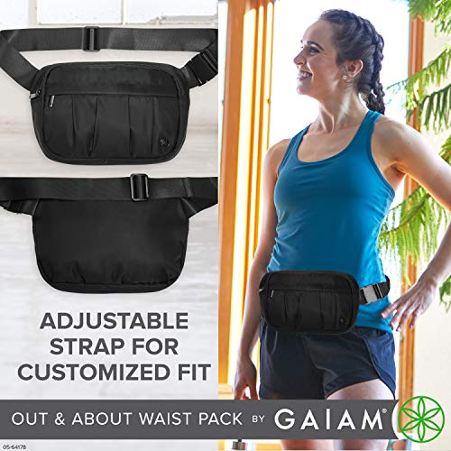 Gaiam Fanny Pack Running Belt Bag - Out & About Waist Pack Cell Phone Holder Exercise Gym Slim Zipper Workout Pouch Jogging Bag, Multi Pocket, Adjustable, Walking, Runner Accessories Women