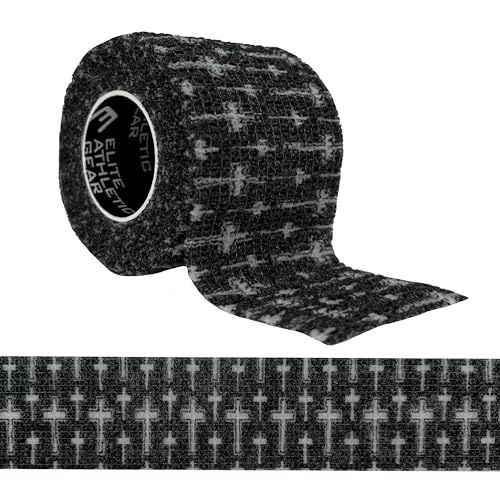 Self Stick Athletic Tape – 2” x 6.5 Yards – Latex-Free, Easy Rip Sports Wrap for Football, Baseball, Soccer, Wrist, Ankle, Finger & Injury Support (Faith Cross Black) - color: Faith Cross Black