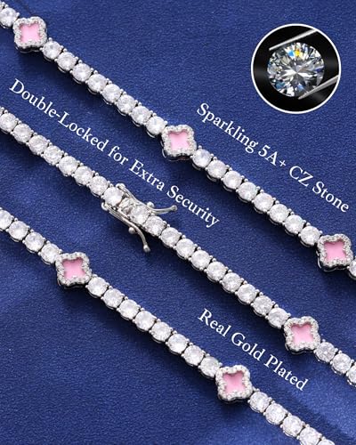 LuxeFlex 4mm Iced Out Four Leaf Tennis Chain,White Gold Plated with 5A Zircon Stones, exquisite Handmade Hip Hop Bling Necklace Perfect Unisex Jewelry Gift - color: White Gold-Pink, size: 20 INCH
