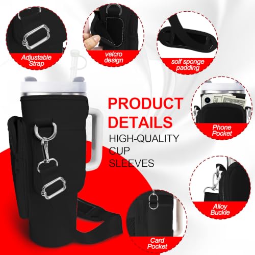 Water Bottle Carrier Bag for Stanley Cup 40oz/30oz with Phone Pocket, Neoprene Water Bottle Holder with Adjustable Shoulder & Handle Strap, Stanley Cup Accessories for Walking Travel Gym - color: Black