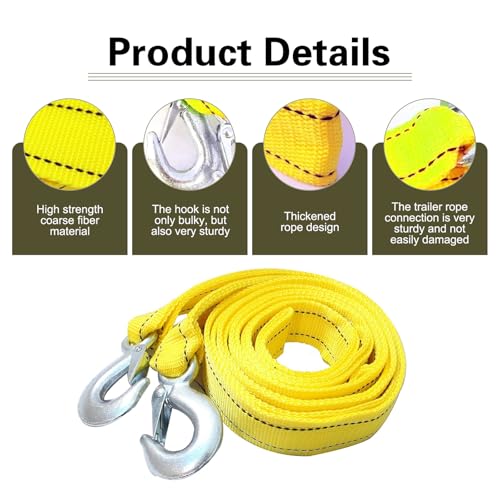 ATV Tow Strap with Hooks, Heavy Duty Nylon Towing Straps, 2" x 13ft 10,000 lbs Capacity Tow Rope, Emergency Towing Straps for Vehicles, Cars, Trucks, ATV, for Roadside Recovery(Yellow)
