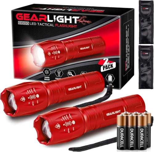 GearLight LED Flashlight High Lumens, Mini Tactical LED Flashlight 2 Pack, 5 Modes Zoomable Beam, Battery Powered for Camping, Hunting, Home & Emergency, Compact Small LED Flashlight (Red) - color: Red 2 Pack