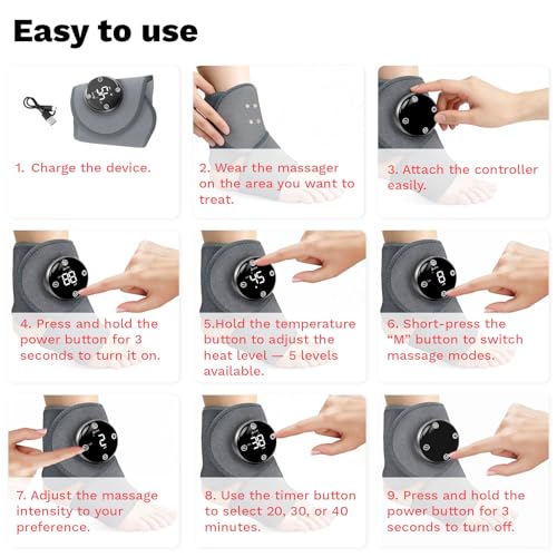 Large Fit Wearable Foot Massager Wrap, Cordless Heated Ankle Massager with Red Light, Portable for Foot Comfort & Circulation Support, 6 Modes 3 Intensities, Multi-Area Use for Foot, Knee & Back