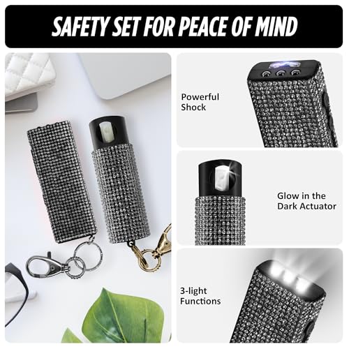 Guard Dog Security Bling It On Stun Gun and Pepper Spray for Self Defense, Fashionable Self-Defense Keychain Set for Women, Glow-in-the-Dark Actuator, 16-Ft Range, USB Rechargeable - color: Black